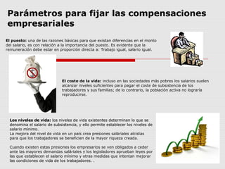 Parámetros para fijar las compensaciones
empresariales
El coste de la vida: incluso en las sociedades más pobres los salarios suelen
alcanzar niveles suficientes para pagar el coste de subsistencia de los
trabajadores y sus familias; de lo contrario, la población activa no lograría
reproducirse.
El puesto: una de las razones básicas para que existan diferencias en el monto
del salario, es con relación a la importancia del puesto. Es evidente que la
remuneración debe estar en proporción directa a: Trabajo igual, salario igual.
Los niveles de vida: los niveles de vida existentes determinan lo que se
denomina el salario de subsistencia, y ello permite establecer los niveles de
salario mínimo.
La mejora del nivel de vida en un país crea presiones saláriales alcistas
para que los trabajadores se beneficien de la mayor riqueza creada.
Cuando existen estas presiones los empresarios se ven obligados a ceder
ante las mayores demandas saláriales y los legisladores aprueban leyes por
las que establecen el salario mínimo y otras medidas que intentan mejorar
las condiciones de vida de los trabajadores. .
 