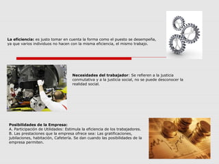 Necesidades del trabajador: Se refieren a la justicia
conmutativa y a la justicia social, no se puede desconocer la
realidad social.
La eficiencia: es justo tomar en cuenta la forma como el puesto se desempeña,
ya que varios individuos no hacen con la misma eficiencia, el mismo trabajo.
Posibilidades de la Empresa:
A. Participación de Utilidades: Estimula la eficiencia de los trabajadores.
B. Las prestaciones que la empresa ofrece sea: Las gratificaciones,
jubilaciones, habitación, Cafetería. Se dan cuando las posibilidades de la
empresa permiten.
 