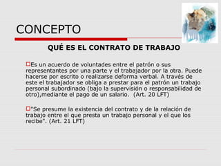 CONCEPTO
QUÉ ES EL CONTRATO DE TRABAJO
Es un acuerdo de voluntades entre el patrón o sus
representantes por una parte y el trabajador por la otra. Puede
hacerse por escrito o realizarse deforma verbal. A través de
este el trabajador se obliga a prestar para el patrón un trabajo
personal subordinado (bajo la supervisión o responsabilidad de
otro),mediante el pago de un salario. (Art. 20 LFT)
"Se presume la existencia del contrato y de la relación de
trabajo entre el que presta un trabajo personal y el que los
recibe". (Art. 21 LFT)
 