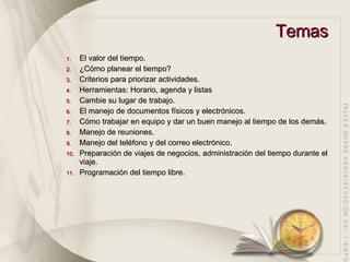 Temas El valor del tiempo.  ¿Cómo planear el tiempo?  Criterios para priorizar actividades. Herramientas: Horario, agenda y listas Cambie su lugar de trabajo. El manejo de documentos físicos y electrónicos. Cómo trabajar en equipo y dar un buen manejo al tiempo de los demás.  Manejo de reuniones. Manejo del teléfono y del correo electrónico. Preparación de viajes de negocios, administración del tiempo durante el viaje. Programación del tiempo libre. 