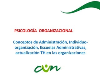 PSICOLOGÍA ORGANIZACIONAL
Conceptos de Administración, Individuo-
organización, Escuelas Administrativas,
actualización TH en las organizaciones
 