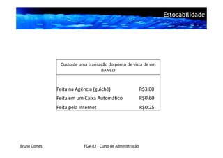 Estocabilidade




               Custo de uma transação do ponto de vista de um
                                  BANCO



              Feita na Agência (guichê)                      R$3,00
              Feita em um Caixa Automático                   R$0,60
              Feita pela Internet                            R$0,25




Bruno Gomes                FGV-RJ – Curso de Administração
 
