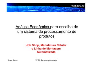 Viabilidade




        Análise Econômica para escolha de
         um sistema de processamento de
                    produtos

              Job Shop, Manufatura Celular
                  e Linha de Montagem
                      Automatizada

Bruno Gomes         FGV-RJ – Curso de Administração
 