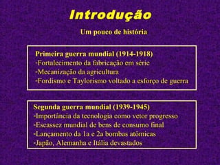 Introdução
Primeira guerra mundial (1914-1918)
-Fortalecimento da fabricação em série
-Mecanização da agricultura
-Fordismo e Taylorismo voltado a esforço de guerra
Segunda guerra mundial (1939-1945)
-Importância da tecnologia como vetor progresso
-Escassez mundial de bens de consumo final
-Lançamento da 1a e 2a bombas atômicas
-Japão, Alemanha e Itália devastados
Um pouco de história
 