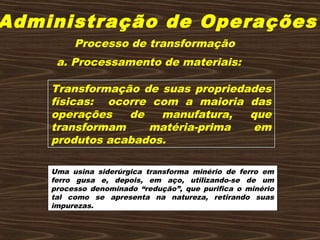 Administração de Operações
Processo de transformação
a. Processamento de materiais:
Transformação de suas propriedades
físicas: ocorre com a maioria das
operações de manufatura, que
transformam matéria-prima em
produtos acabados.
Uma usina siderúrgica transforma minério de ferro em
ferro gusa e, depois, em aço, utilizando-se de um
processo denominado “redução”, que purifica o minério
tal como se apresenta na natureza, retirando suas
impurezas.
 