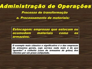 Administração de Operações
a. Processamento de materiais:
Estocagem: empresas que estocam ou
acomodam materiais como os
armazéns.
O exemplo mais clássico e significativo é o das empresas
de armazéns gerais, cujo serviço nada mais é do que
“guardar” a colheita (caso de armazéns de grãos) dos
clientes por um prazo estipulado.
Processo de transformação
 