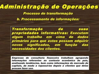 Administração de Operações
b. Processamento de informações:
Transformação de suas
propriedades informativas: Executam
algum trabalho em cima de dados
primários para que estes possam adquirir
novos significados, em função das
necessidades dos clientes.
Empresas de consultoria financeira trabalham agrupando
informações referentes ao contexto econômico do país,
analisando tendências, bem como informações de mercado de
capitais, de modo a repassá-las depois a clientes que delas
possam fazer uso.
Processo de transformação
 