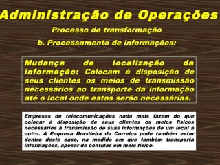 Administração de Operações
b. Processamento de informações:
Mudança de localização da
informação: Colocam à disposição de
seus clientes os meios de transmissão
necessários ao transporte da informação
até o local onde estas serão necessárias.
Empresas de telecomunicações nada mais fazem do que
colocar à disposição de seus clientes os meios físicos
necessários à transmissão de suas informações de um local a
outro. A Empresa Brasileira de Correios pode também estar
dentro deste caso, na medida em que também transporta
informações, apesar de contidas em meio físico.
Processo de transformação
 