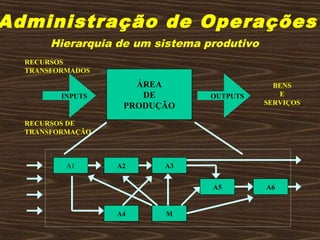 Administração de Operações
Hierarquia de um sistema produtivo
ÁREA
DE
PRODUÇÃO
RECURSOS
TRANSFORMADOS
RECURSOS DE
TRANSFORMAÇÃO
BENS
E
SERVIÇOS
INPUTS OUTPUTS
A1 A2
A4
A3
M
A5 A6
 