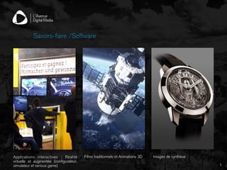 Savoirs-faire /Software
5
Applications interactives : Réalité
virtuelle et augmentée (configurateur,
simulateur et serious game)
Films traditionnels et Animations 3D Images de synthèse
 