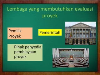 Lembaga yang membutuhkan evaluasi
proyek
Pihak penyedia
pembiayaan
proyek
Pemilik
Proyek
Pemerintah
 