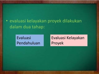 • evaluasi kelayakan proyek dilakukan
dalam dua tahap:
Evaluasi
Pendahuluan
Evaluasi Kelayakan
Proyek
 