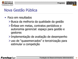 Nova Gestão Pública Foco em resultados Busca da melhoria da qualidade da gestão Ênfase em metas, contratos periódicos e autonomia gerencial: espaço para gestão e gestores Implementação de avaliação de desempenho uso de “quasemercados” e terceirização para estimular a competição  