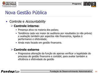 Nova Gestão Pública Controle e  Accountability Controle interno: Presença ativa na maioria dos países; Tendência cada vez maior de auditoria por resultados (e não prévia) e avaliação também por aspectos não financeiros, ligados à performance e efetividade; Ainda mais focado em gestão financeira. Controle externo Progressiva alteração da função de apenas verificar a legalidade do processo de gestão financeira e contábil, para avaliar também a eficiência e efetividade da gestão 