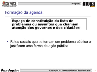 Formação da agenda Fatos sociais que se tornam um problema público e justificam uma forma de ação pública Espaço de constituição da lista de problemas ou assuntos que chamam atenção dos governos e dos cidadãos . 