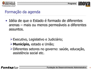 Formação da agenda Idéia de que o Estado é formado de diferentes arenas – mais ou menos permeáveis a diferentes assuntos. Executivo, Legislativo e Judiciário; Município,  estado e União; Diferentes setores no governo: saúde, educação, assistência social etc. 