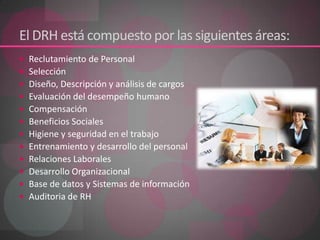 El DRH está compuesto por las siguientes áreas:Reclutamiento de Personal Selección Diseño, Descripción y análisis de cargos Evaluación del desempeño humano Compensación Beneficios Sociales Higiene y seguridad en el trabajo Entrenamiento y desarrollo del personal Relaciones Laborales Desarrollo Organizacional Base de datos y Sistemas de información Auditoria de RH 