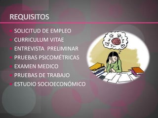 REQUISITOS SOLICITUD DE EMPLEOCURRICULUM VITAEENTREVISTA  PRELIMINAR PRUEBAS PSICOMÉTRICAS EXAMEN MEDICOPRUEBAS DE TRABAJO ESTUDIO SOCIOECONÓMICO