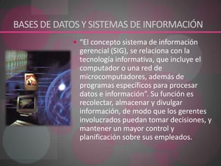 BASES DE DATOS Y SISTEMAS DE INFORMACIÓN“El concepto sistema de información gerencial (SIG), se relaciona con la tecnología informativa, que incluye el computador o una red de microcomputadores, además de programas específicos para procesar datos e información”. Su función es recolectar, almacenar y divulgar información, de modo que los gerentes involucrados puedan tomar decisiones, y mantener un mayor control y planificación sobre sus empleados. 