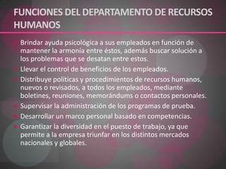 FUNCIONES DEL DEPARTAMENTO DE RECURSOS HUMANOSBrindar ayuda psicológica a sus empleados en función de mantener la armonía entre éstos, además buscar solución a los problemas que se desatan entre estos. Llevar el control de beneficios de los empleados. Distribuye políticas y procedimientos de recursos humanos, nuevos o revisados, a todos los empleados, mediante boletines, reuniones, memorándums o contactos personales. Supervisar la administración de los programas de prueba. Desarrollar un marco personal basado en competencias.Garantizar la diversidad en el puesto de trabajo, ya que permite a la empresa triunfar en los distintos mercados nacionales y globales.
