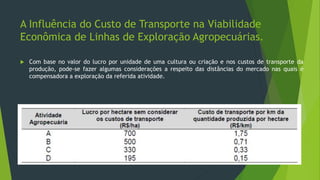 A Influência do Custo de Transporte na Viabilidade
Econômica de Linhas de Exploração Agropecuárias.
 Com base no valor do lucro por unidade de uma cultura ou criação e nos custos de transporte da
produção, pode-se fazer algumas considerações a respeito das distâncias do mercado nas quais é
compensadora a exploração da referida atividade.
 