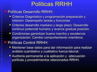 Politicas RRHH
 PolíticasPolíticas DDesarrolloesarrollo RRHH:RRHH:
 CriteriosCriterios DDiagnóstico y programación preparación yiagnóstico y programación preparación y
rotaciónrotación: D: Desempeño tareas y funciones.esempeño tareas y funciones.
 Criterios desarrollo mediano y largo plazoCriterios desarrollo mediano y largo plazo: D: Desarrolloesarrollo
continuo potencial humanocontinuo potencial humano y avance gradual posicióny avance gradual posición..
 CCondiciones garantizar buena marcha y excelenciaondiciones garantizar buena marcha y excelencia
organizaciorganizacióónn: C: Cambio comportamiento miembros.ambio comportamiento miembros.
 PolíticasPolíticas CControlontrol RRHH:RRHH:
 MMantener base datosantener base datos para darpara dar información para realizarinformación para realizar
análisis cuantitativo y cualitativo fuerza laboralanálisis cuantitativo y cualitativo fuerza laboral..
 AAuditoria permanente a la aplicación y adecuaciónuditoria permanente a la aplicación y adecuación
políticas y procedimientos relacionadospolíticas y procedimientos relacionados RRHHRRHH..
 