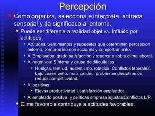Percepción
 ComoComo organizaorganiza,, selecciona e interpretaselecciona e interpreta entradaentrada
sensorialsensorial yy dada significadosignificado alal entorno.entorno.
 PPuede ser diferenteuede ser diferente aa realidad objetiva.realidad objetiva. IInfluido pornfluido por
actitudesactitudes::
 Actitudes: SActitudes: Sentimientos y supuestos que determinan percepciónentimientos y supuestos que determinan percepción
entorno, compromiso con acciones yentorno, compromiso con acciones y comportamiento.comportamiento.
 A.A. EmpleadosEmpleados:: grado satisfacción y repercugrado satisfacción y repercutete sobre clima laboral.sobre clima laboral.
 A.A. negativasnegativas: S: Síntomaíntoma yy causacausa dede dificultades.dificultades.
• HHuelgas, lentitud, ausentismouelgas, lentitud, ausentismo,, rotación.rotación. CConflictos laborales,onflictos laborales,
bajo desempeño, mala calidad, problemas disciplinariosbajo desempeño, mala calidad, problemas disciplinarios
reducir competitividadreducir competitividad..
 A.A. positivas:positivas:
• Elevan productividad y satisfacción empleados.Elevan productividad y satisfacción empleados.
 A.A. empleado positiva,empleado positiva, yy políticaspolíticas empresa inempresa injustasjustas:C:Conflictosonflictos L/PL/P..
 CClima favorable contribulima favorable contribuye aye a actitudes favorablesactitudes favorables..
 