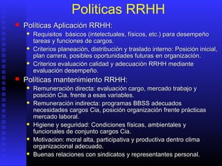 Politicas RRHH
 PolíticasPolíticas AAplicaciónplicación RRHH:RRHH:
 RRequisitos básicos (intelectuales, físicos, etc.) para desempeñoequisitos básicos (intelectuales, físicos, etc.) para desempeño
tareas y funciones de cargos.tareas y funciones de cargos.
 Criterios planeación, distribución y traslado internoCriterios planeación, distribución y traslado interno:: PPosición inicialosición inicial,,
plan carrera, posibles oportunidades futurasplan carrera, posibles oportunidades futuras enen organización.organización.
 Criterios evaluación calidad y adecuaciónCriterios evaluación calidad y adecuación RRHHRRHH mediantemediante
evaluación desempeño.evaluación desempeño.
 Políticas mantenimientoPolíticas mantenimiento RRHH:RRHH:
 RRemuneración directaemuneración directa:: evaluación cargoevaluación cargo,, mercado trabajo ymercado trabajo y
posiciónposición Cia.Cia. frente a esas variables.frente a esas variables.
 RRemuneración indirectaemuneración indirecta:: programasprogramas BBSSBBSS adecuadosadecuados
necesidades cargosnecesidades cargos Cia,Cia, posición organización frente prácticasposición organización frente prácticas
mercado laboral.mercado laboral.
 HHigiene y seguridadigiene y seguridad: C: Condiciones físicas, ambientalesondiciones físicas, ambientales yy
funcionfuncionalesales dede conjunto cargosconjunto cargos CiaCia..
 Motivacion:Motivacion: moral altmoral altaa, participativa y productiva dentro clima, participativa y productiva dentro clima
organizacional adecuado.organizacional adecuado.
 Buenas relaciones con sindicatos y representantes personal.Buenas relaciones con sindicatos y representantes personal.
 