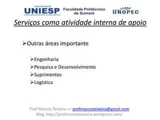 Serviços como atividade interna de apoio

  Outras áreas importante

    Engenharia
    Pesquisa e Desenvolvimento
    Suprimentos
    Logística



    Prof Marcos Teixeira => profmarcosteixeira@gmail.com
       Blog: http://profmarcosteixeira.wordpress.com/
 