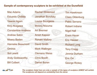 Sample of contemporary sculptors to be exhibited at the Dunefield

  Mac Adams                     Rachel Whiteread                      Tim Hawkinson
  Eduardo Chillida              Jonathan Borofsky                     Claes Oldenburg
  Yaacov Agam                   Louise Bourgeois                      Pablo Serrano
  Kinji Akagawa                 Minoru Niizuma                        Robert Indiana
  Constantine Andreou           Art Brenner                           Nigel Hall
  Andrew Sabin                  Anish Kapoor                          Erwin Hauer
  Mowry Baden                   Ronald Mallory                        Eric Hauser
  Hanneke Beaumont              David Smith                           Richard Long
  Omiros                        Mark Wallinger                        Tony Cragg
  Sol Lewitt                    Clemens Weiss                         Jimmie Durham
  Andy Goldsworthy              Chris Booth                           Eric Orr
  Bill Culbert                  Daniel Buren                          George Rickey

                 The sculptors listed here are only a sample of the types of sculptors ADMSP will exhibit.
                 The sculptures will depend on availability from the owner.
 
