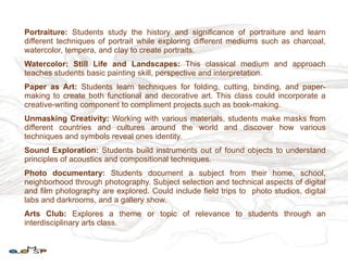 Portraiture: Students study the history and significance of portraiture and learn
different techniques of portrait while exploring different mediums such as charcoal,
watercolor, tempera, and clay to create portraits.
Watercolor: Still Life and Landscapes: This classical medium and approach
teaches students basic painting skill, perspective and interpretation.
Paper as Art: Students learn techniques for folding, cutting, binding, and paper-
making to create both functional and decorative art. This class could incorporate a
creative-writing component to compliment projects such as book-making.
Unmasking Creativity: Working with various materials, students make masks from
different countries and cultures around the world and discover how various
techniques and symbols reveal ones identity.
Sound Exploration: Students build instruments out of found objects to understand
principles of acoustics and compositional techniques.
Photo documentary: Students document a subject from their home, school,
neighborhood through photography. Subject selection and technical aspects of digital
and film photography are explored. Could include field trips to photo studios, digital
labs and darkrooms, and a gallery show.
Arts Club: Explores a theme or topic of relevance to students through an
interdisciplinary arts class.
 