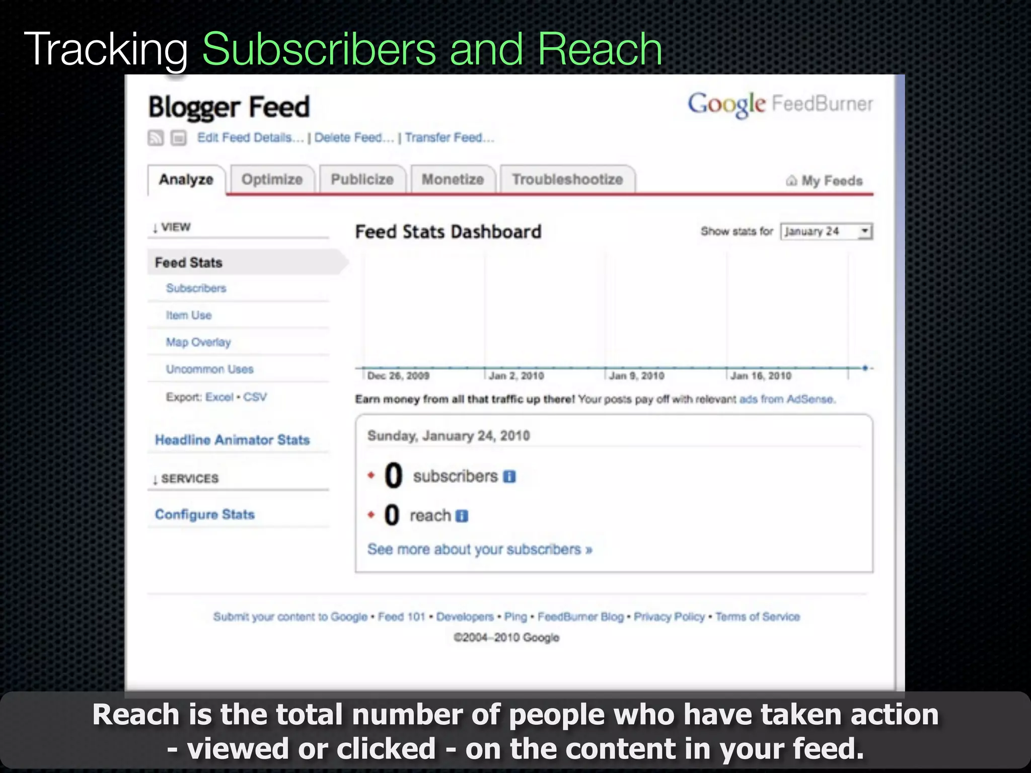Tracking Subscribers and Reach
Reach is the total number of people who have taken action
- viewed or clicked - on the content in your feed.
