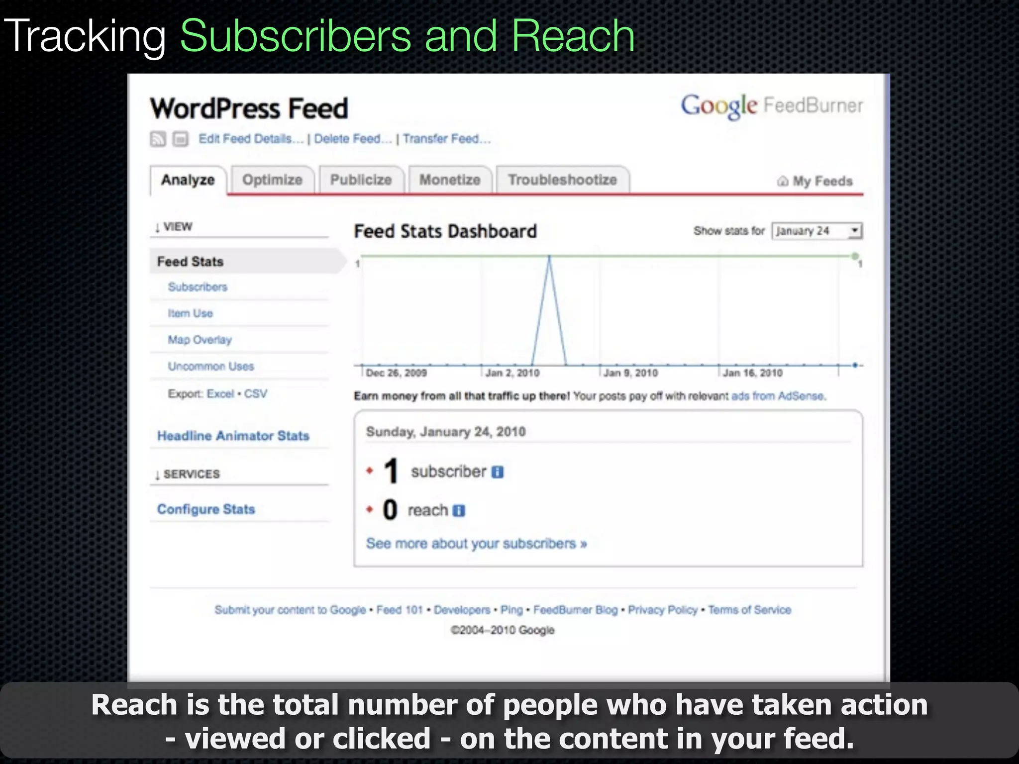 Tracking Subscribers and Reach
Reach is the total number of people who have taken action
- viewed or clicked - on the content in your feed.