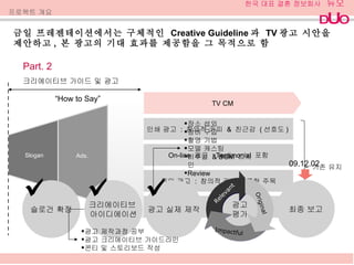 금일 프레젠테이션에서는 구체적인  Creative Guideline 과  TV 광고 시안을 제안하고 ,  본 광고의 기대 효과를 제공함을 그 목적으로 함 Ads. 프로젝트 개요 Slogan TV CM 기존 유지 “ How to Say” Part. 2 크리에이티브 가이드 및 광고 인쇄 광고  :  창의적 카피  &  친근감  ( 선호도 )  On-line  광고  : Testimonial  포함 옥외 광고  :  창의적 카피를 통한 주목 기업 연계 및 방송 출연  Event / PR 광고 평가 Relevant Impactful Original 슬로건 확정 크리에이티브  아이디에이션 광고 실제 제작 광고 제작과정 공부 광고 크리에이티브 가이드라인 콘티 및 스토리보드 작성 최종 보고 09.12.02 장소 섭외 장비 구입 촬영 기법 모델 캐스팅 비주얼  & BGM  디자인 Review 