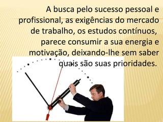 A busca pelo sucesso pessoal e
profissional, as exigências do mercado
de trabalho, os estudos contínuos,
parece consumir a sua energia e
motivação, deixando-lhe sem saber
quais são suas prioridades.
 