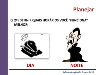 Planejar
   2º) DEFINIR QUAIS HORÁRIOS VOCÊ “FUNCIONA”
    MELHOR;




           DIA                       NOITE
                               Administração de Tempo & 5S
 