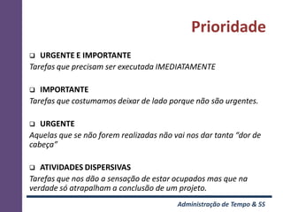 Prioridade
  URGENTE E IMPORTANTE
Tarefas que precisam ser executada IMEDIATAMENTE

  IMPORTANTE
Tarefas que costumamos deixar de lado porque não são urgentes.

  URGENTE
Aquelas que se não forem realizadas não vai nos dar tanta “dor de
cabeça”

  ATIVIDADES DISPERSIVAS
Tarefas que nos dão a sensação de estar ocupados mas que na
verdade só atrapalham a conclusão de um projeto.
                                         Administração de Tempo & 5S
 