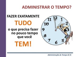 ADMINISTRAR O TEMPO?
FAZER EXATAMENTE
    TUDO
o que precisa fazer
  no pouco tempo
     que você

    TEM!
                      Administração de Tempo & 5S
 