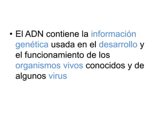 El ADN contiene la información genéticausada en el desarrollo y el funcionamiento de los organismos vivos conocidos y de algunos virus