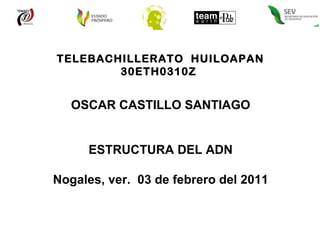 TELEBACHILLERATO  HUILOAPAN 30ETH0310Z  OSCAR CASTILLO SANTIAGO ESTRUCTURA DEL ADN Nogales, ver.  03 de febrero del 2011 