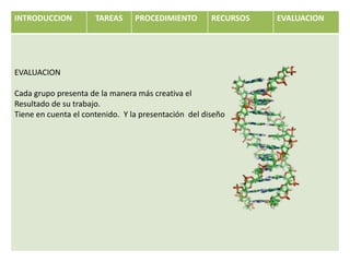 INTRODUCCION          TAREAS     PROCEDIMIENTO        RECURSOS   EVALUACION




EVALUACION

Cada grupo presenta de la manera más creativa el
Resultado de su trabajo.
Tiene en cuenta el contenido. Y la presentación del diseño
 