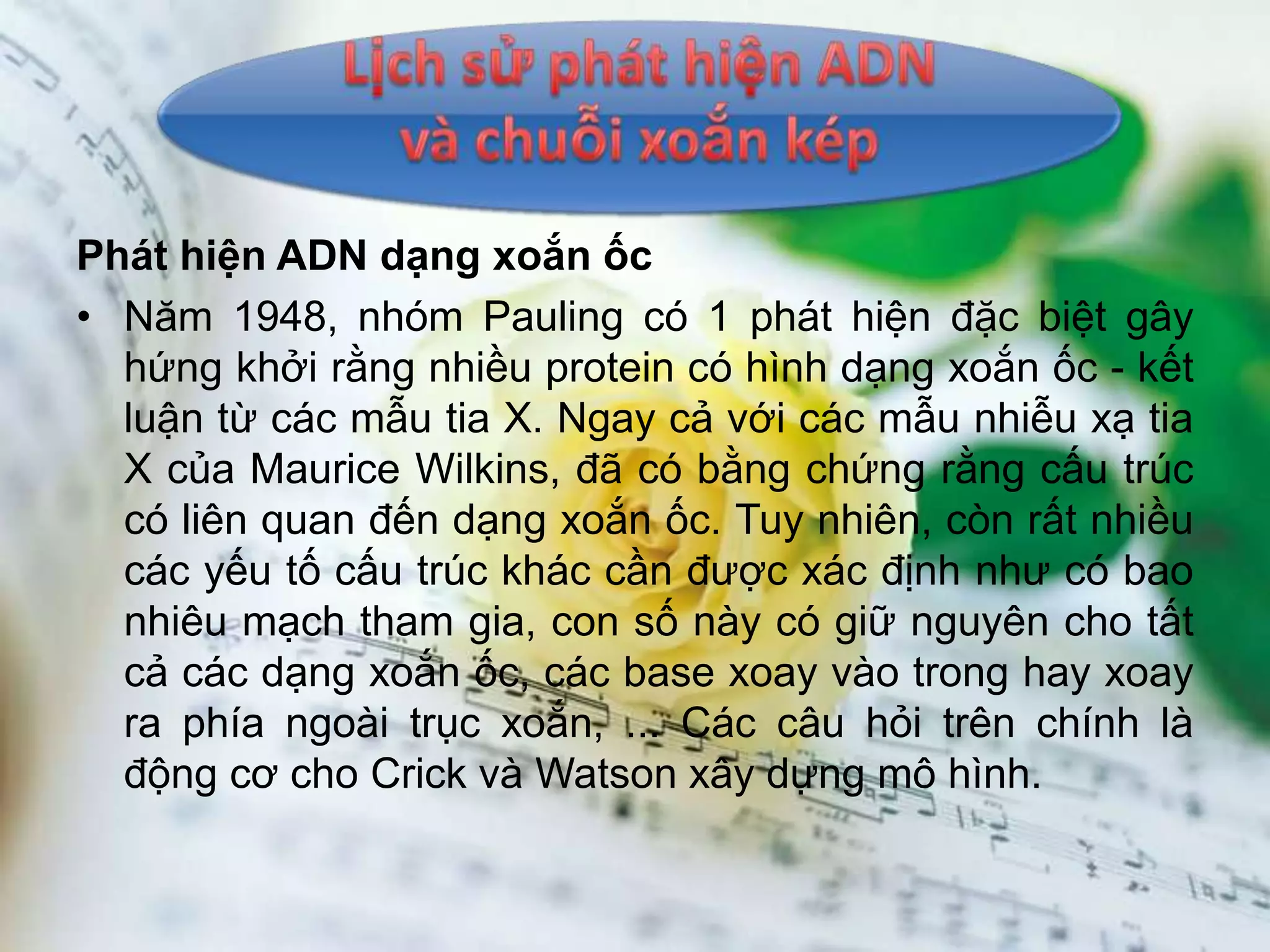 Phát hiện ADN dạng xoắn ốc
• Năm 1948, nhóm Pauling có 1 phát hiện đặc biệt gây
  hứng khởi rằng nhiều protein có hình dạng xoắn ốc - kết
  luận từ các mẫu tia X. Ngay cả với các mẫu nhiễu xạ tia
  X của Maurice Wilkins, đã có bằng chứng rằng cấu trúc
  có liên quan đến dạng xoắn ốc. Tuy nhiên, còn rất nhiều
  các yếu tố cấu trúc khác cần được xác định như có bao
  nhiêu mạch tham gia, con số này có giữ nguyên cho tất
  cả các dạng xoắn ốc, các base xoay vào trong hay xoay
  ra phía ngoài trục xoắn, ... Các câu hỏi trên chính là
  động cơ cho Crick và Watson xây dựng mô hình.
 