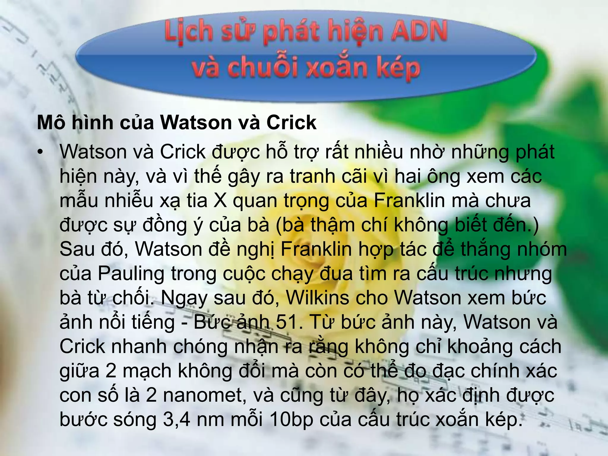 Mô hình của Watson và Crick
• Watson và Crick được hỗ trợ rất nhiều nhờ những phát
  hiện này, và vì thế gây ra tranh cãi vì hai ông xem các
  mẫu nhiễu xạ tia X quan trọng của Franklin mà chưa
  được sự đồng ý của bà (bà thậm chí không biết đến.)
  Sau đó, Watson đề nghị Franklin hợp tác để thắng nhóm
  của Pauling trong cuộc chạy đua tìm ra cấu trúc nhưng
  bà từ chối. Ngay sau đó, Wilkins cho Watson xem bức
  ảnh nổi tiếng - Bức ảnh 51. Từ bức ảnh này, Watson và
  Crick nhanh chóng nhận ra rằng không chỉ khoảng cách
  giữa 2 mạch không đổi mà còn có thể đo đạc chính xác
  con số là 2 nanomet, và cũng từ đây, họ xác định được
  bước sóng 3,4 nm mỗi 10bp của cấu trúc xoắn kép.
 