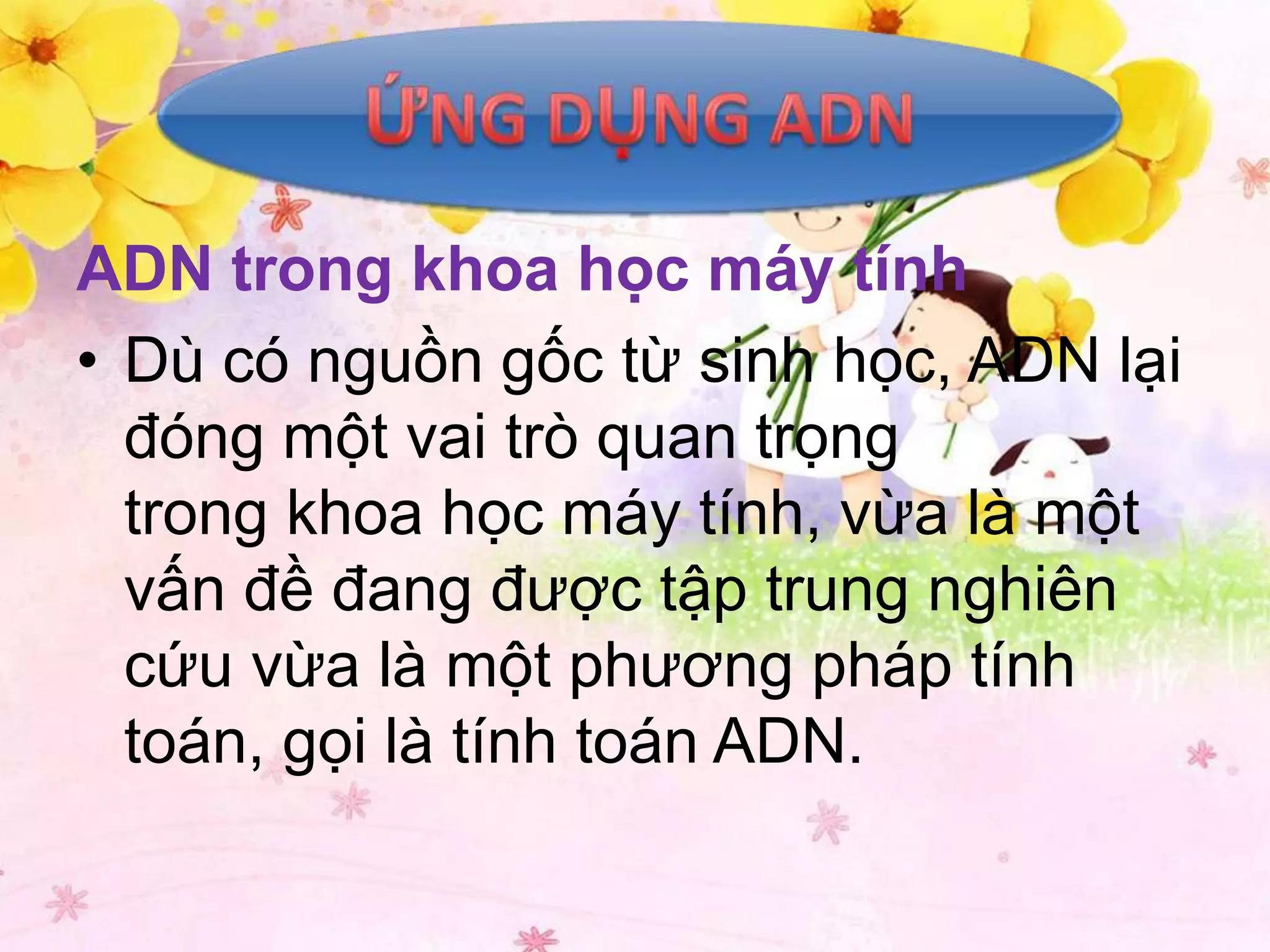 ADN trong khoa học máy tính
• Dù có nguồn gốc từ sinh học, ADN lại
  đóng một vai trò quan trọng
  trong khoa học máy tính, vừa là một
  vấn đề đang được tập trung nghiên
  cứu vừa là một phương pháp tính
  toán, gọi là tính toán ADN.
 