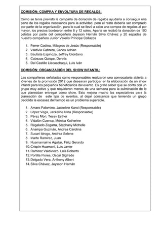 COMISIÓN: COMPRA Y ENVOLTURA DE REGALOS:
Como se tenía previsto la campaña de donación de regalos ayudaría a conseguir una
parte de los regalos necesarios para la actividad, pero el resto debería ser comprado
por parte de la organización, para lo cual se llevó a cabo una compra de regalos al por
mayor, los precios bordearon entre 8 y 12 soles. Aparte se recibió la donación de 100
pelotas por parte del compañero Jeysson Hernán Silva Chávez y 20 espadas de
nuestro compañero Junior Valerio Príncipe Collazos
1.
2.
3.
4.
5.

Ferrer Codina, Milagros de Jesús (Responsable)
Valdivia Cabrera, Carlos Adrian
Bautista Espinoza, Jeffrey Giordano
Cabezas Quispe, Dennis
Del Castillo Llacuachaqui, Luis Iván

COMISIÓN: ORGANIZACIÓN DEL SHOW INFANTIL:
Las compañeras señaladas como responsables realizaron una convocatoria abierta a
jóvenes de la promoción 2012 que desearan participar en la elaboración de un show
infantil para los pequeños beneficiarios del evento. Es grato saber que se contó con un
grupo muy activo y que requirieron menos de una semana para la culminación de lo
que planeaban entregar como show. Esto mejora mucho las expectativas para la
planeación de este tipo de eventos, al dejar constancia que teniendo un grupo
decidido la escasez del tiempo es un problema superable.
1. Amaro Palomino, Jackeline Karol (Responsable)
2. López Vega, Jackeline Nina (Responsable)
3. Pérez Mori, Tessy Esther
4. Vidalón Cuenca, Mónica Katherine
5. Regalado Zegarra, Stephany Michelle
6. Anampa Guzmán, Andrea Carolina
7. Sucari Idrogo, Andrea Selene
8. Iriarte Ramirez, Juan
9. Huamanraime Aguilar, Féliz Gerardo
10. Crispín Huamaní, Luis Javier
11. Ramirez Valdiviezo, Luis Roberto
12. Portilla Flores, Oscar Sigfredo
13. Delgado Vera, Anthony Albert
14. Silva Chávez, Jeysson Hernán

 