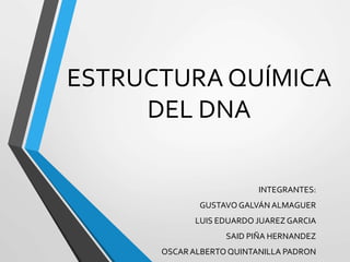 ESTRUCTURA QUÍMICA
DEL DNA
INTEGRANTES:
GUSTAVOGALVÁN ALMAGUER
LUIS EDUARDO JUAREZ GARCIA
SAID PIÑA HERNANDEZ
OSCARALBERTO QUINTANILLA PADRON
 