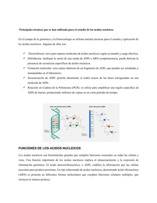 Principales técnicas que se han utilizado para el estudio de los ácidos nucleicos
En el campo de la genómica y la biotecnología se utilizan muchas técnicas para el estudio y aplicación de
los ácidos nucleicos. Algunas de ellas son:
 Electroforesis: sirve para separar moléculas de ácidos nucleicos según su tamaño y carga eléctrica.
 Hibridación: mediante la unión de una sonda de ADN o ARN complementaria, puede detectar la
presencia de secuencias específicas de ácidos nucleicos.
 Clonación molecular: crea copias idénticas de un fragmento de ADN, que pueden ser estudiadas y
manipuladas en el laboratorio.
 Secuenciación de ADN: permite determinar el orden exacto de las bases nitrogenadas en una
molécula de ADN.
 Reacción en Cadena de la Polimerasa (PCR): se utiliza para amplificar una región específica de
ADN de interés, produciendo millones de copias en un corto período de tiempo.
FUNCIONES DE LOS ACIDOS NUCLEICOS
Los ácidos nucleicos son biomoléculas grandes que cumplen funciones esenciales en todas las células y
virus. Una función importante de los ácidos nucleicos implica el almacenamiento y la expresión de
información genómica. El ácido desoxirribonucleico, o ADN, codifica la información que las células
necesitan para producir proteínas. Un tipo relacionado de ácidos nucleicos, denominado ácido ribonucleico
(ARN) se presenta en diferentes formas moleculares que cumplen funciones celulares múltiples, que
incluyen la síntesis proteica.
 