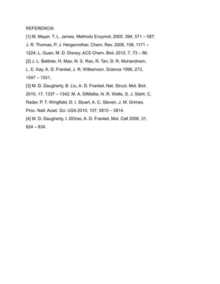 REFERENCIA
[1] M. Mayer, T. L. James, Methods Enzymol. 2005, 394, 571 – 587;
J. R. Thomas, P. J. Hergenrother, Chem. Rev. 2008, 108, 1171 –
1224; L. Guan, M. D. Disney, ACS Chem. Biol. 2012, 7, 73 – 86.
[2] J. L. Battiste, H. Mao, N. S. Rao, R. Tan, D. R. Muhandiram,
L. E. Kay, A. D. Frankel, J. R. Williamson, Science 1996, 273,
1547 – 1551.
[3] M. D. Daugherty, B. Liu, A. D. Frankel, Nat. Struct. Mol. Biol.
2010, 17, 1337 – 1342; M. A. DiMattia, N. R. Watts, S. J. Stahl, C.
Rader, P. T. Wingfield, D. I. Stuart, A. C. Steven, J. M. Grimes,
Proc. Natl. Acad. Sci. USA 2010, 107, 5810 – 5814.
[4] M. D. Daugherty, I. DOrso, A. D. Frankel, Mol. Cell 2008, 31,
824 – 834.
 