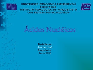 UNIVERSIDAD PEDAGOGICA EXPERIMENTAL
               LIBERTADOR
INSTITUTO PEDAGOGICO DE BARQUISIMETO
     "LUIS BELTRAN PRIETO FIGUEROA"




           Bachilleres:
           Sánchez José
           Bioquímica
            Paena 2008
 