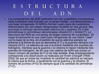 ESTRUCTURA DEL ADN Los componentes del ADN (polímero) son los nucleótidos (monómeros); cada nucleótido está formado por un grupo fosfato, una desoxirribosa y una base nitrogenada. El ADN lo forman cuatro tipos de nucleótidos, diferenciados por sus bases nitrogenadas divididas en dos grupos: dos purínicas (o púricas) denominadas adenina (A) y guanina (G) y dos pirimidínicas (o pirimídicas) denominadas citosina (C) y timina (T). La estructura del ADN es una pareja de largas cadenas de nucleótidos.. El rasgo fundamental es que cada base nitrogenada de una hebra "casa" con la base de la otra, en el sentido de que la adenina siempre se enfrenta a la timina (lo que se denomina A-T) y la guanina siempre a la citosina (G-C). La adenina se une a la timina mediante dos puentes de hidrógeno, mientras que la guanina y la citosina lo hacen mediante tres puentes de hidrógeno; de ahí que una cadena de ADN que posea un mayor número de parejas de C-G es más estable. Este emparejamiento corresponde a la observación ya realizada por Erwin Chargaff (1905-2002) de que en todas las muestras la cantidad de adenina es siempre la misma que la timina, e igualmente con la guanina y la citosina. El número de purinas (A+G) es siempre igual a la cantidad de pirimidinas (T+C).  